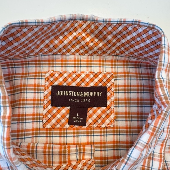Johnston & Murphy Short Sleeve Button Front Down Shirt Plaid Orange Tan White - Picture 7 of 10